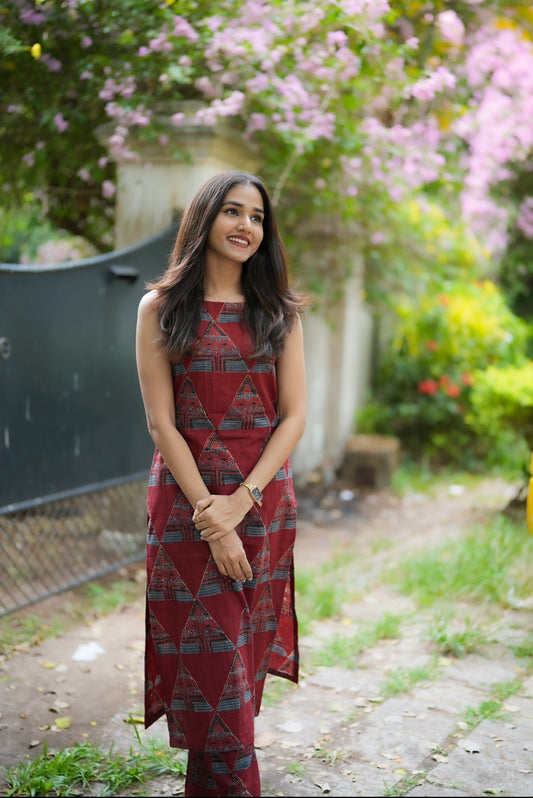 Red Ajrakh Set with Geometrical Print