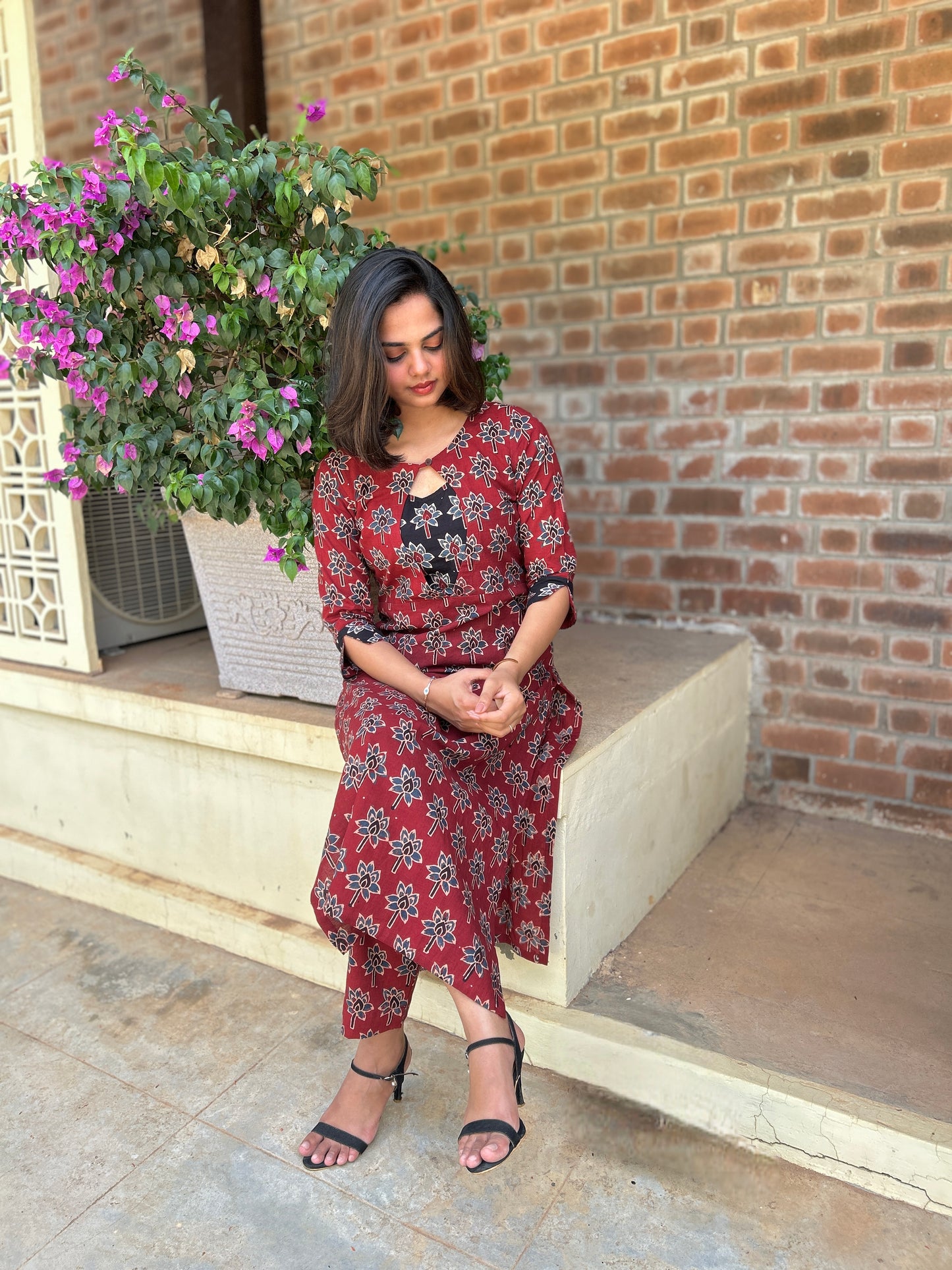 Designer Ajrakh Lotus Print Kurta and Pant Set