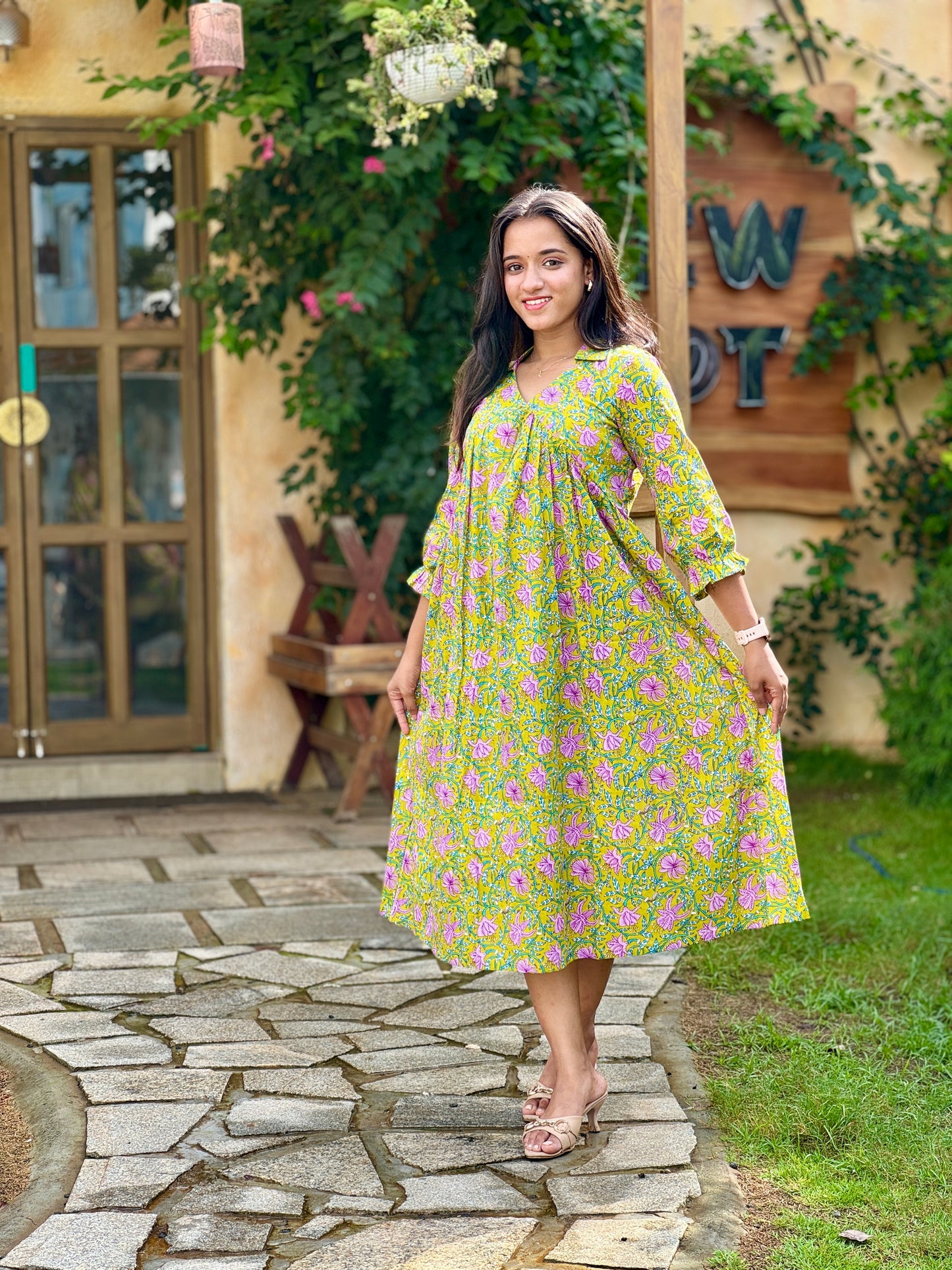 Light Green with Lavender Floral Alia Cut Cotton Dress/Kurta