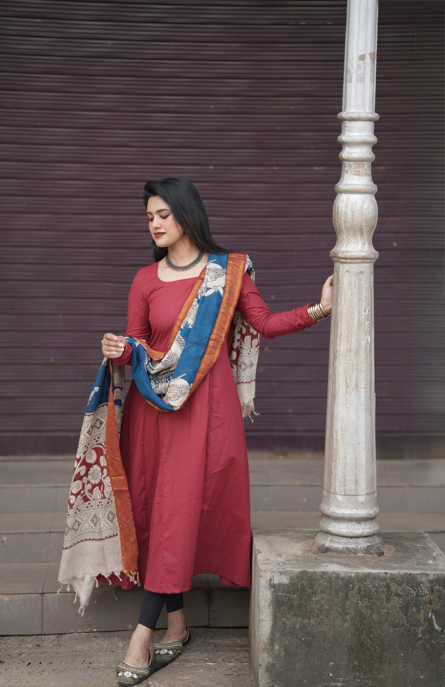 Festive Launch - Cotton Aline Panel kurta with Handmade Kalamkari Dupatta