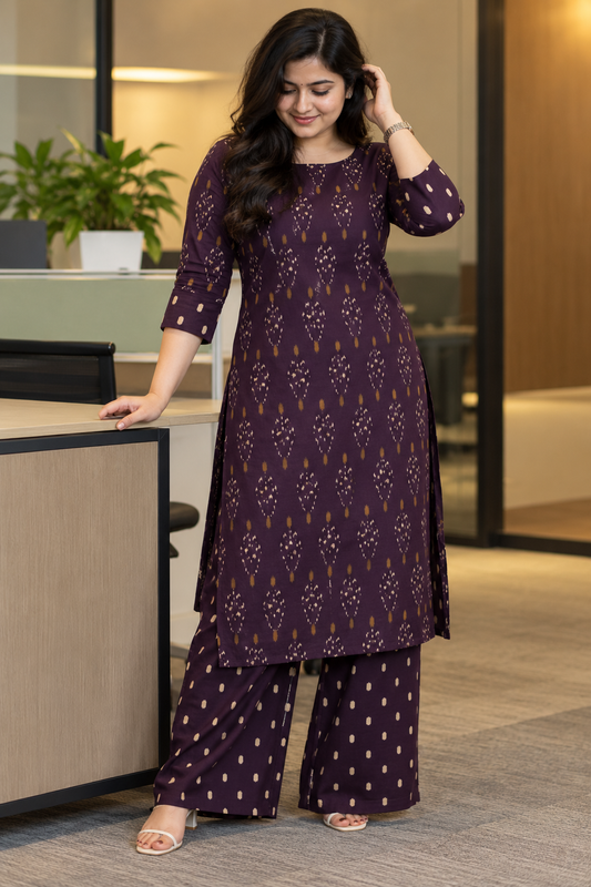 Workwear Collection - Purple Ikkat Printed Cotton Kurta Set