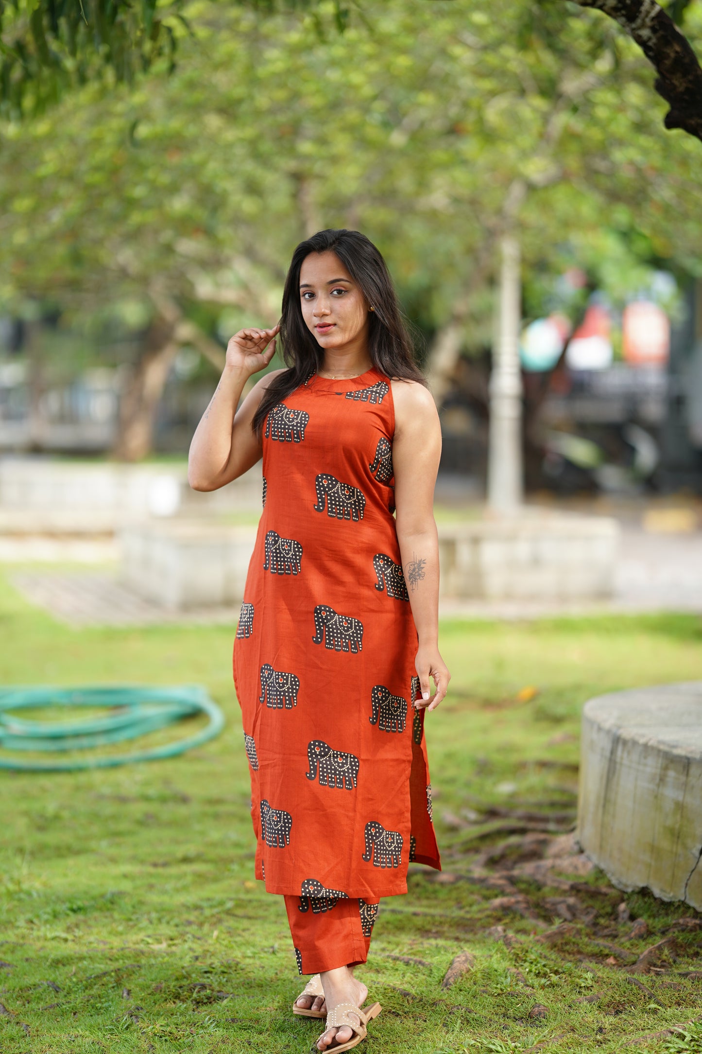 Rust Orange With Elephant Printed Kurta and Pant Set