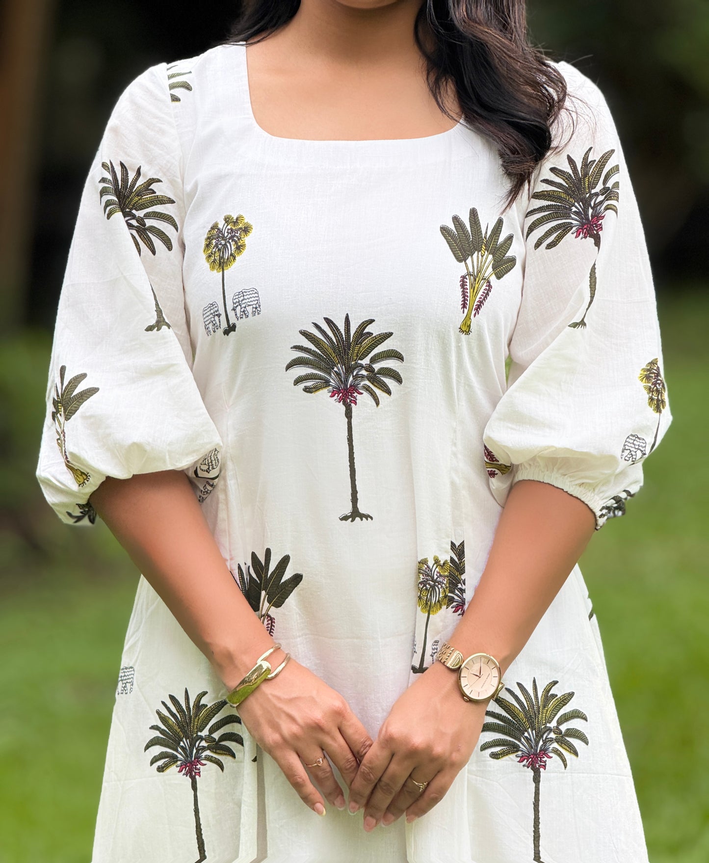 Ponnonam 2026 - Cotton Green Printed Aline Panel Dress