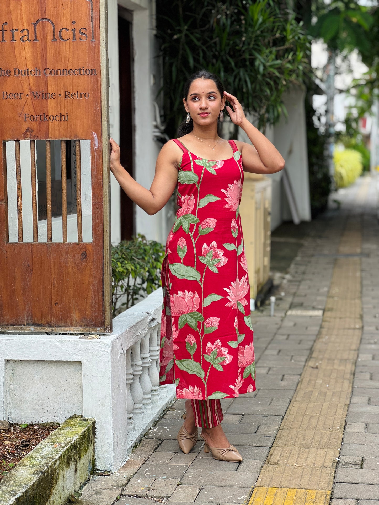 Crimson Lotus Printed Strap Kurta and Pant set