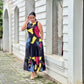 Black Cotton Muticolor Printed Tired Maxi Dress
