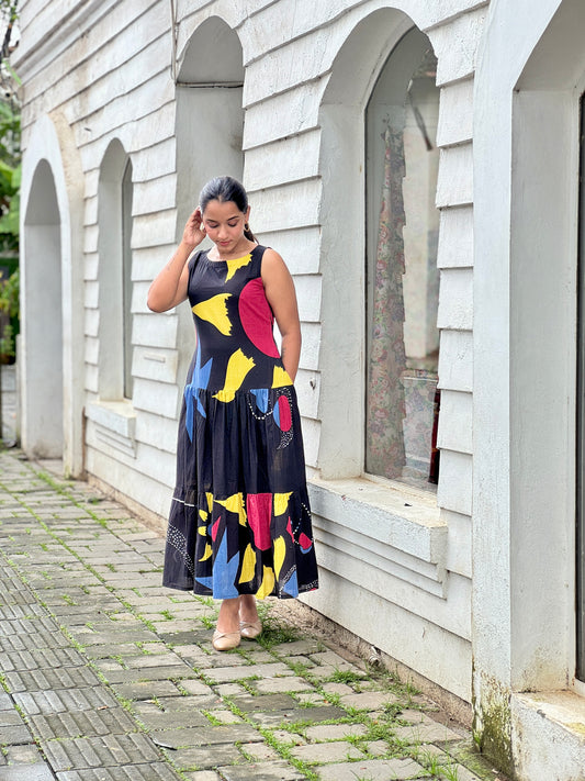 Black Cotton Muticolor Printed Tired Maxi Dress
