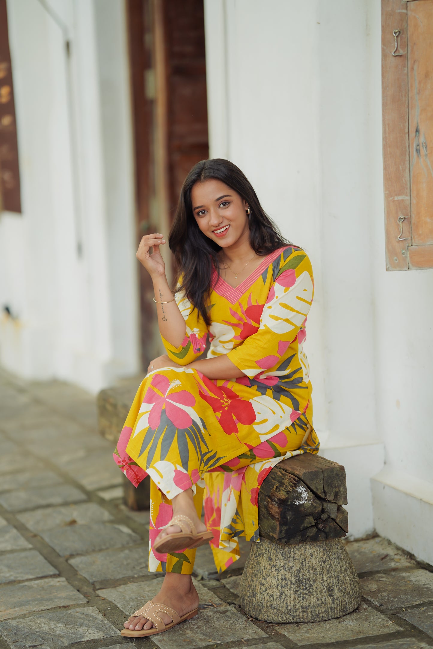 Mustard Yellow Floral Kurta and Pant Set