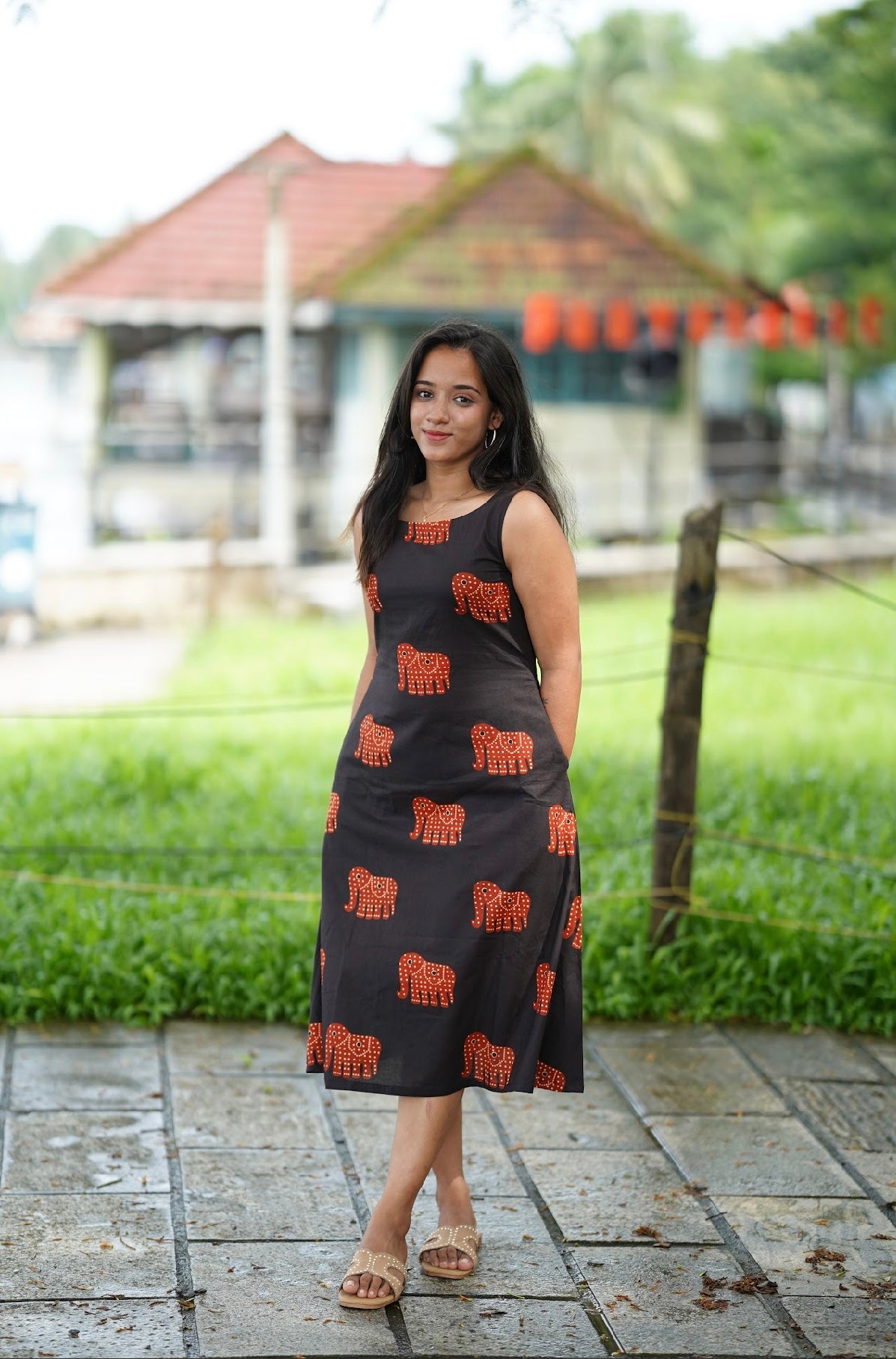 Black Elephant Print Cotton Dress