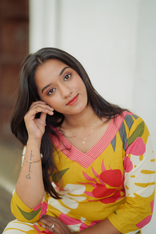 Mustard Yellow Floral Kurta and Pant Set