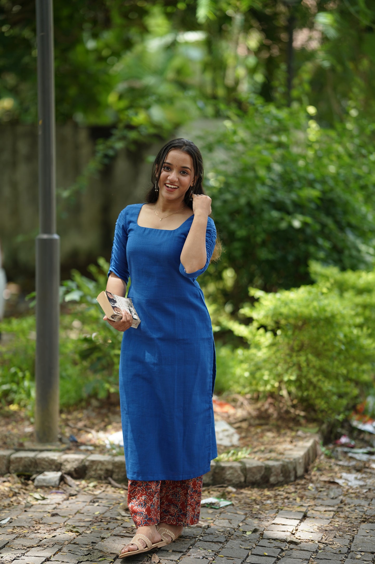 Plain Blue Kurta with Ruby Red Printed Palazzo