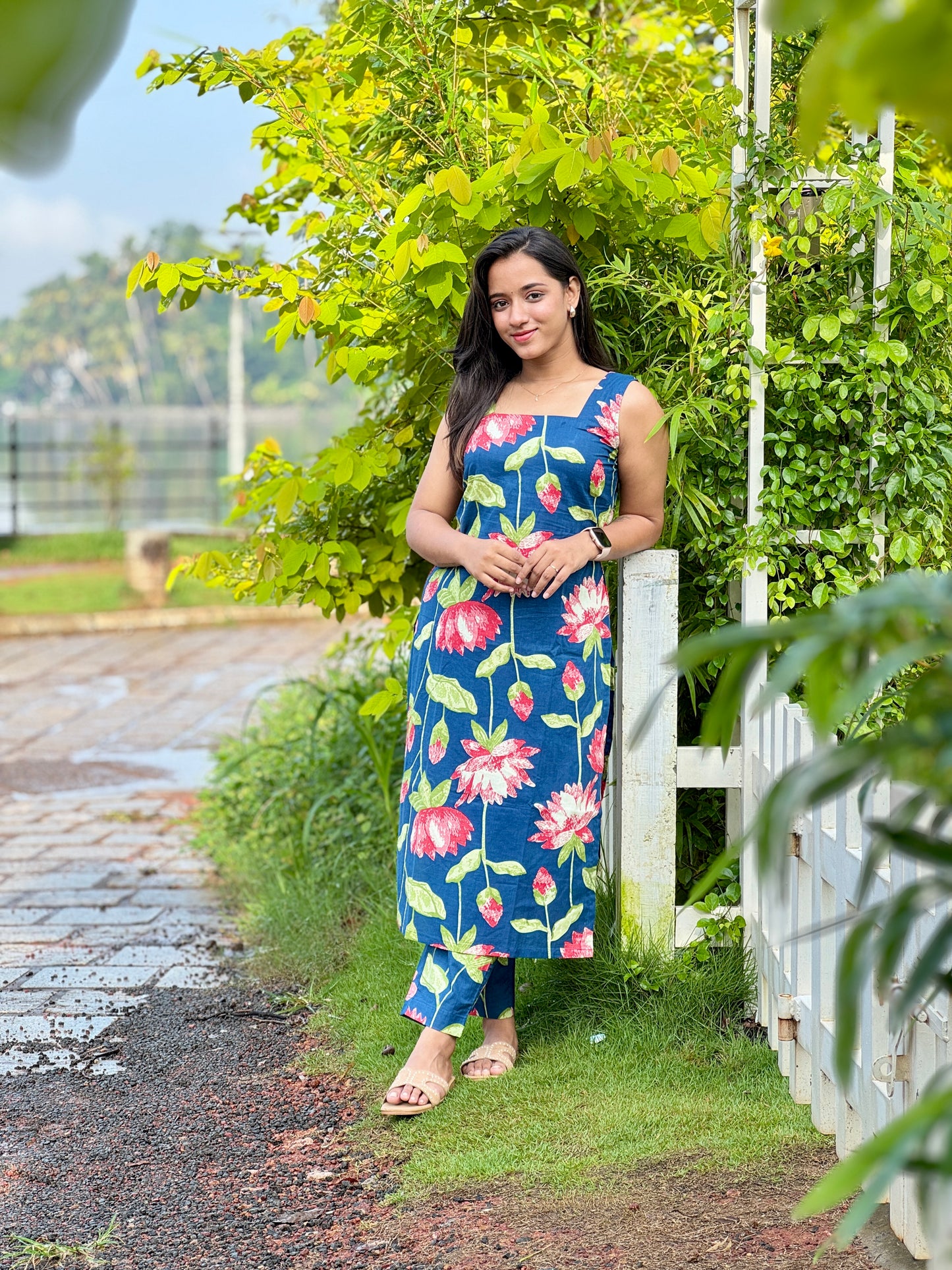 Blue Cotton Lotus Printed Kurta and Pant Set