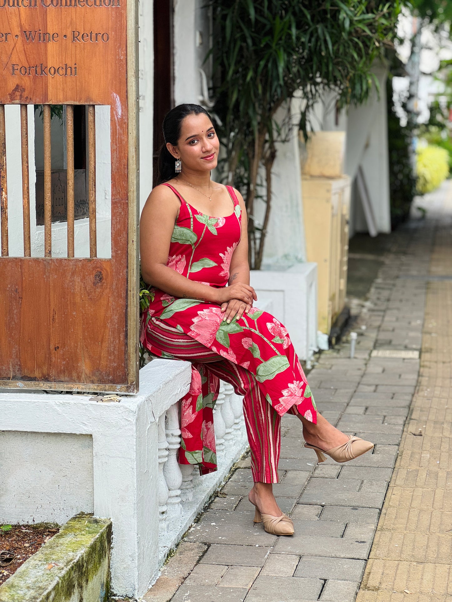 Crimson Lotus Printed Strap Kurta and Pant set