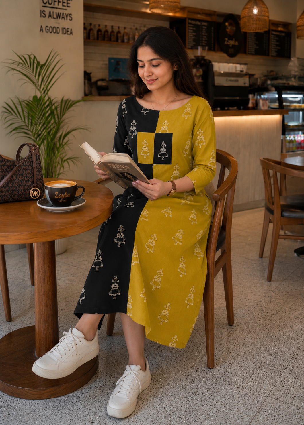 Gramya - Warli Printed Double Colour Cotton Aline Dress