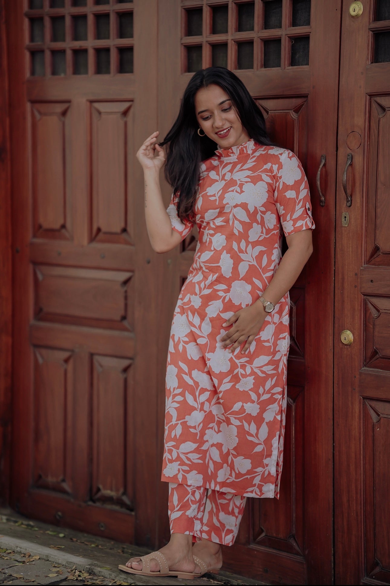 Peach Floral Printed Kurta and Pant Set