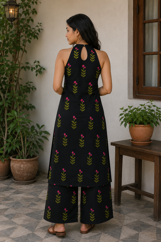 Black Blossom - Cotton Halter Neck Kurta and Pant Set