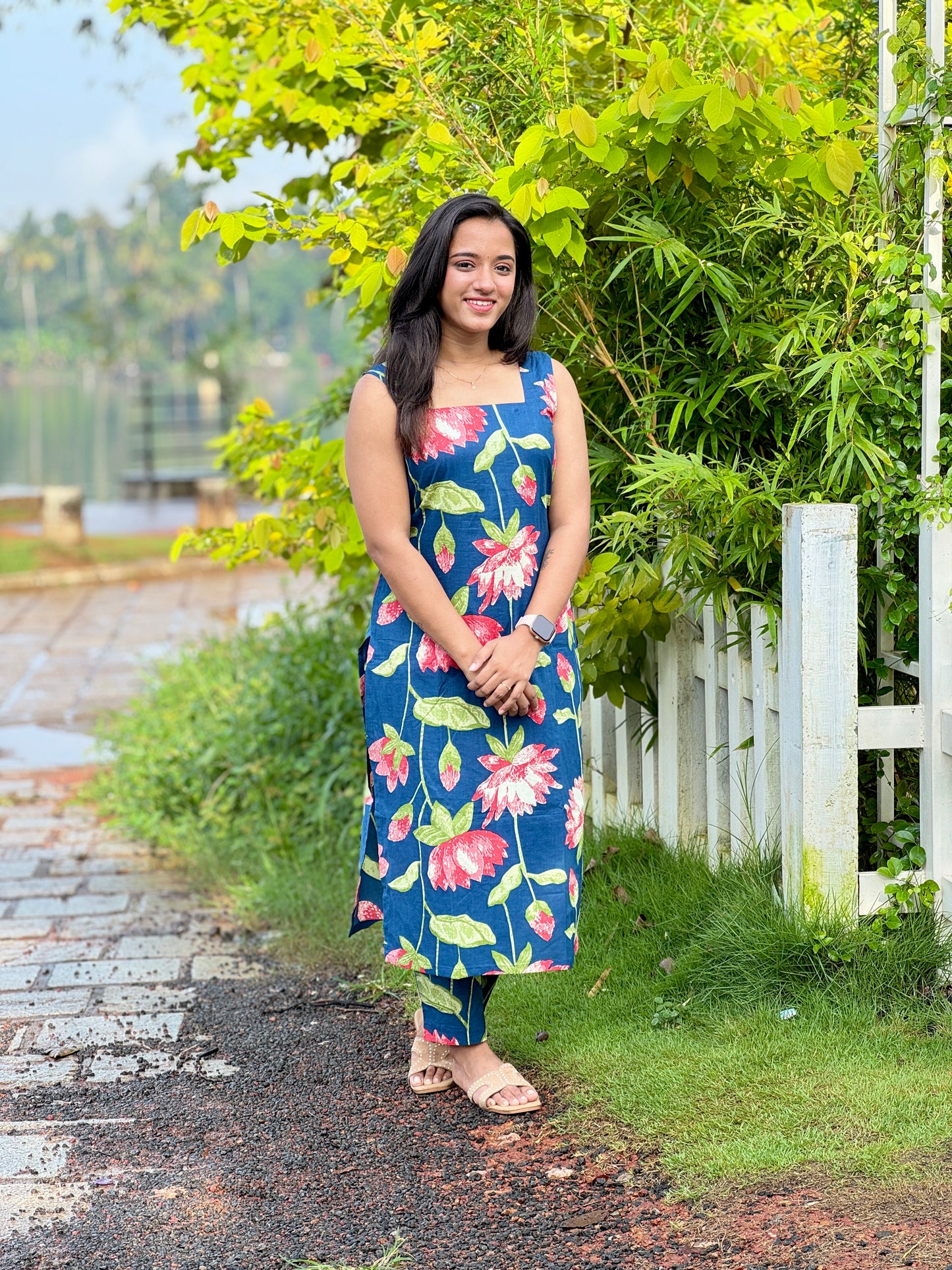 Blue Cotton Lotus Printed Kurta and Pant Set