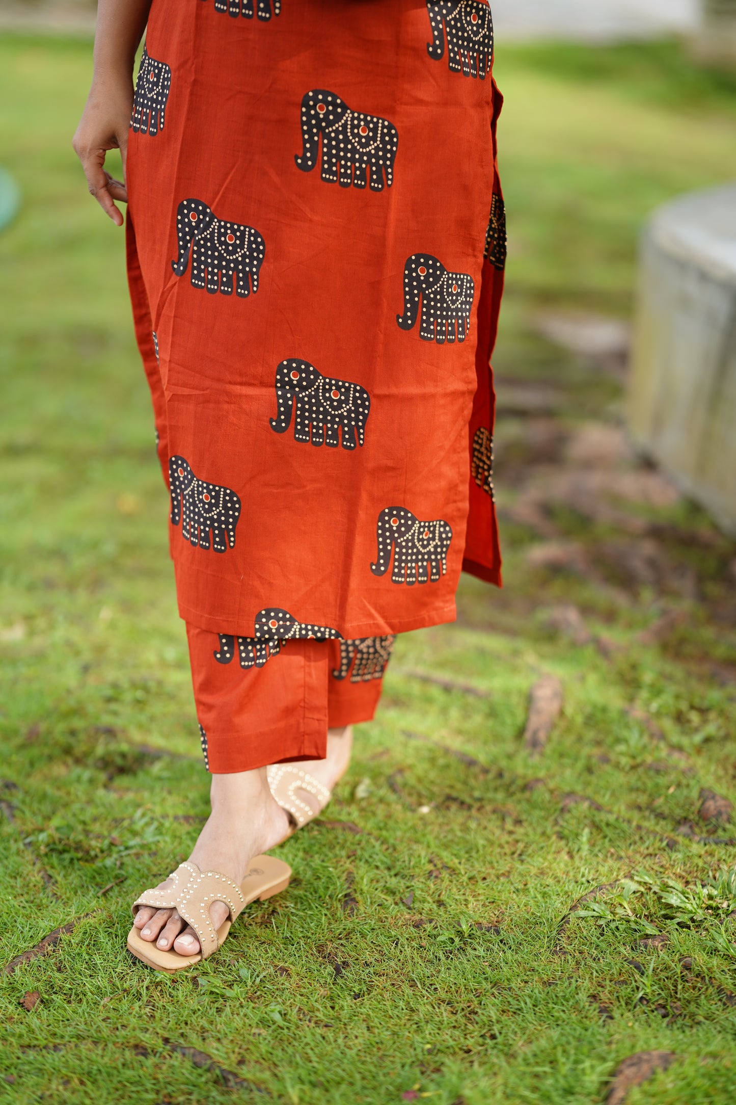 Rust Orange With Elephant Printed Kurta and Pant Set