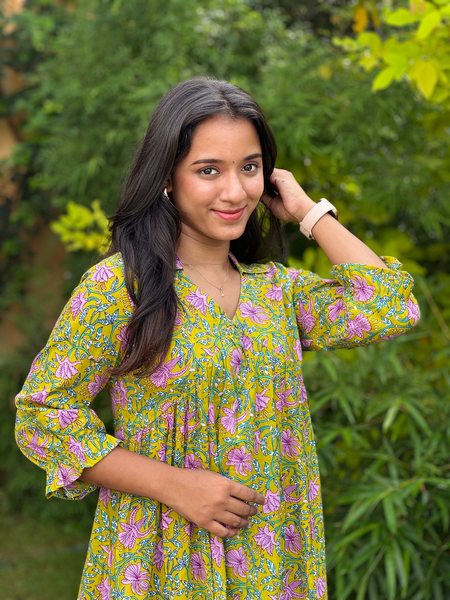 Light Green with Lavender Floral Alia Cut Cotton Dress/Kurta