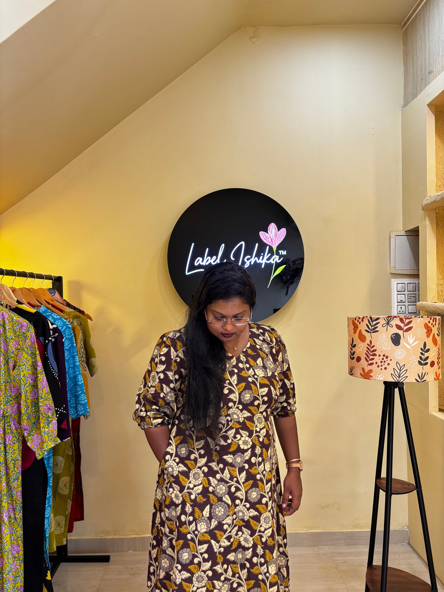 Dark Purple Kalamkari Printed Aline Dress with Back Zig Zag Tie