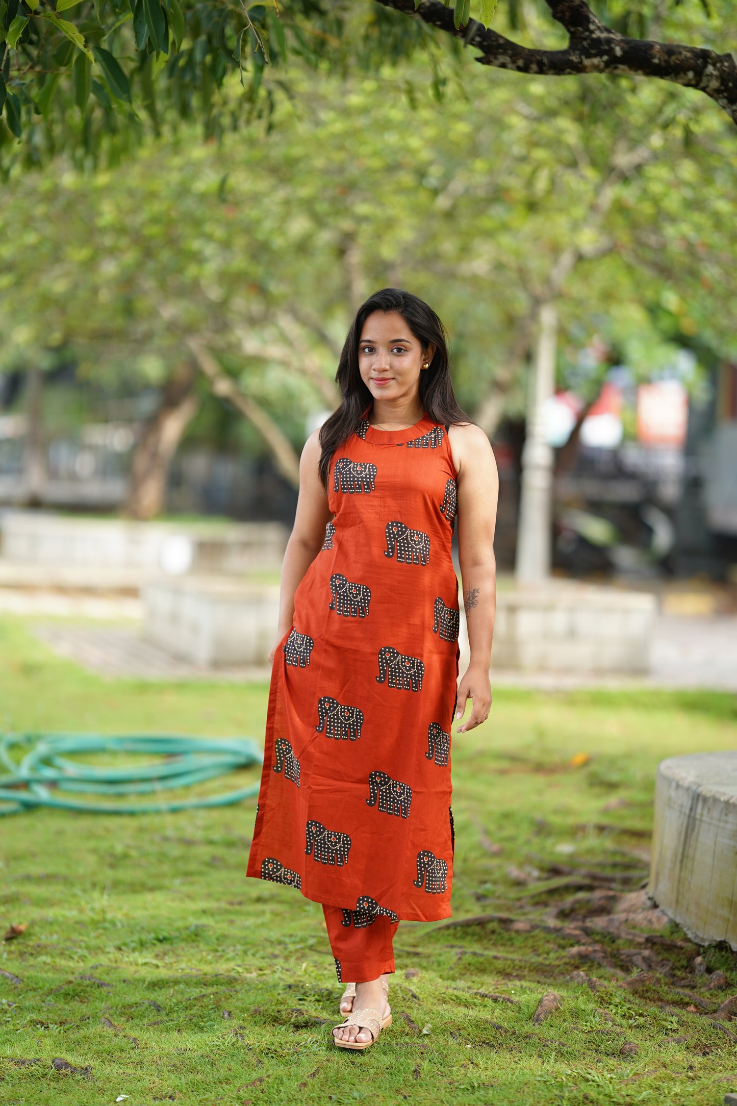 Rust Orange With Elephant Printed Kurta and Pant Set