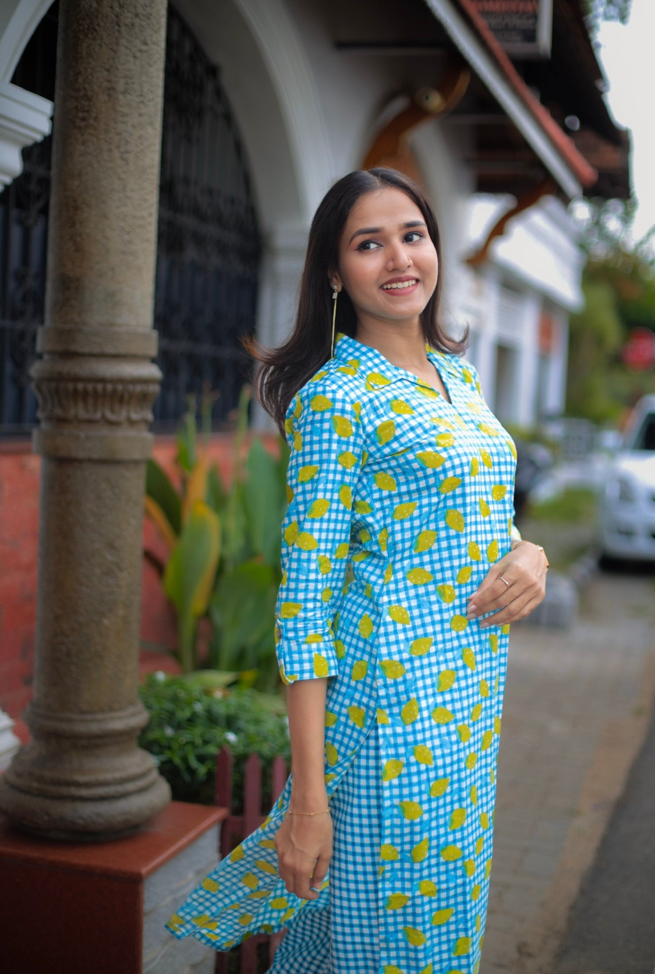Blue Checkered Kurta and Palazzo Set with lemon print