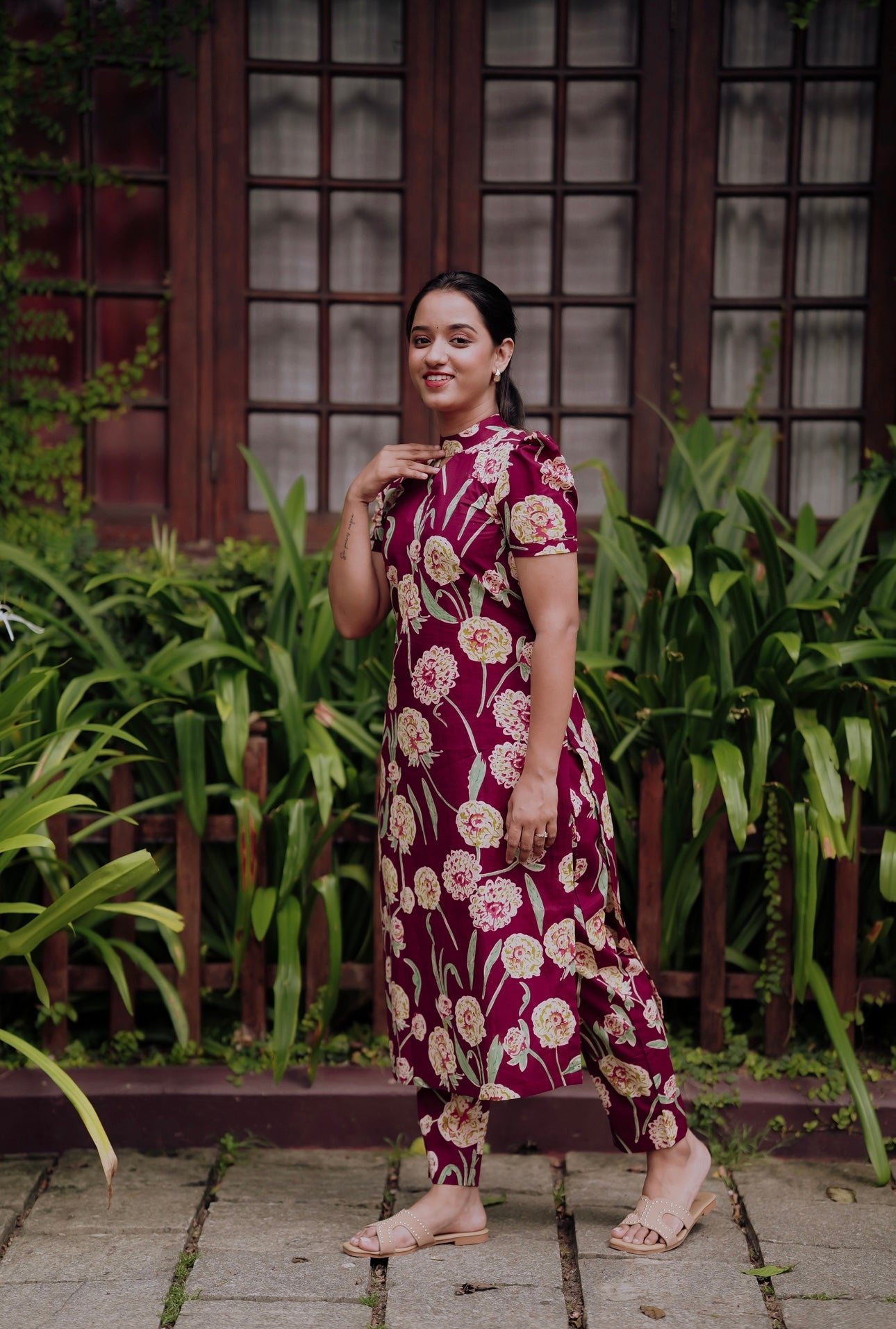 Plum Floral Kurta and Pant Set