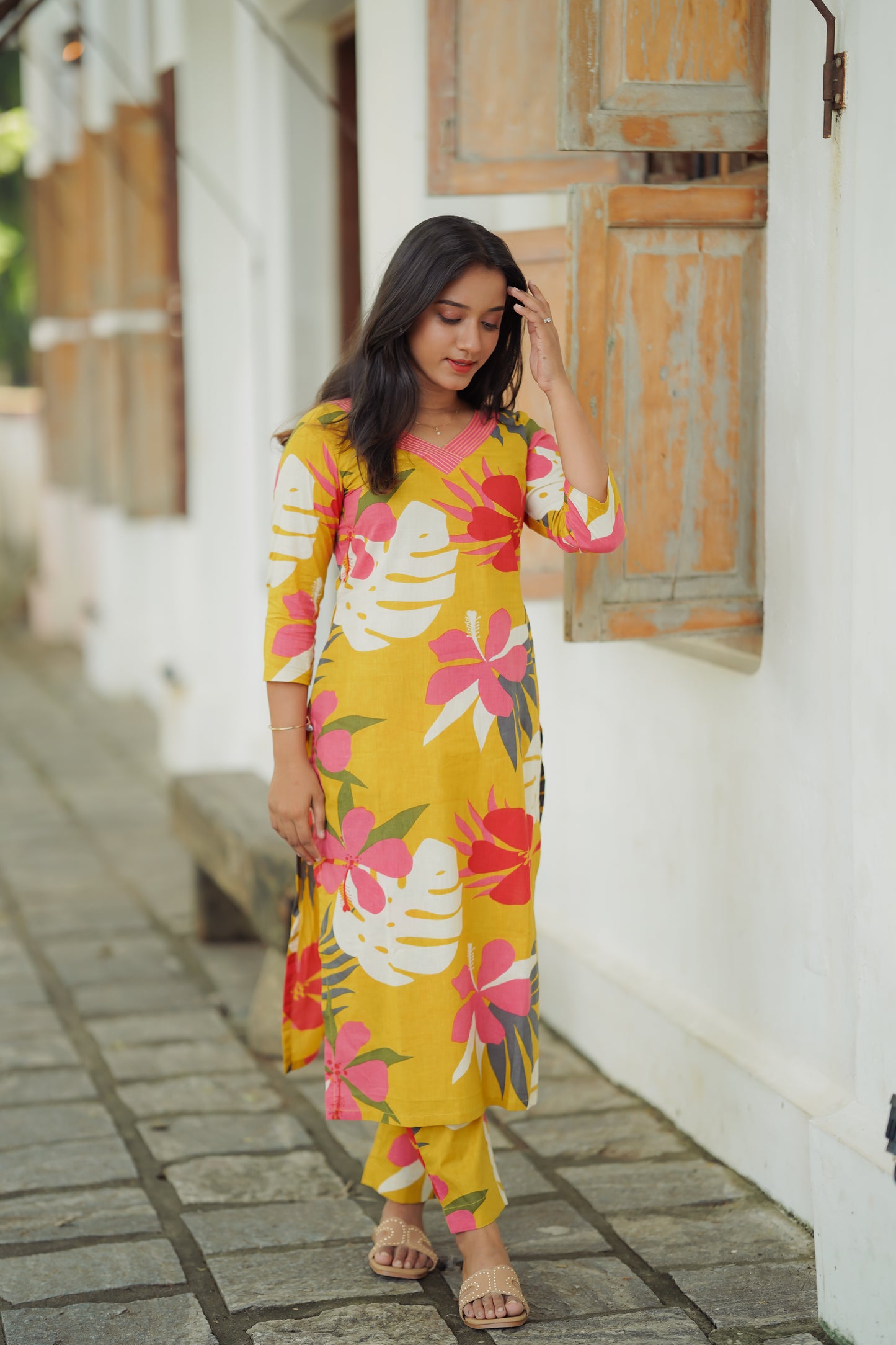 Mustard Yellow Floral Kurta and Pant Set