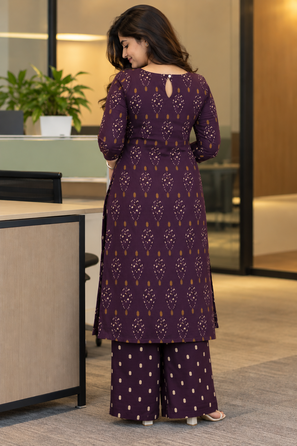 Workwear Collection - Purple Ikkat Printed Cotton Kurta Set