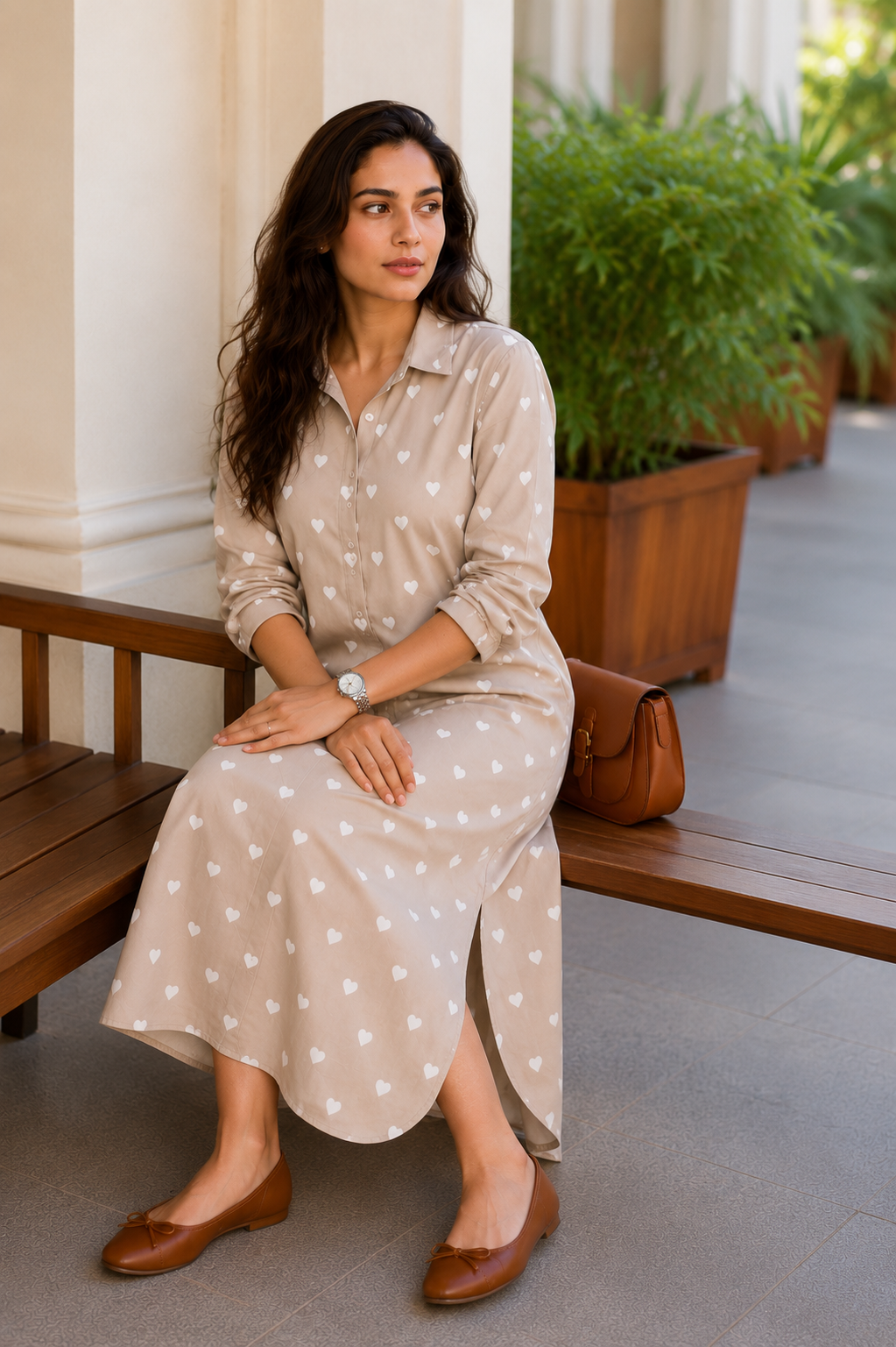Beige Love - Cotton Heart Printed Shirt Dress