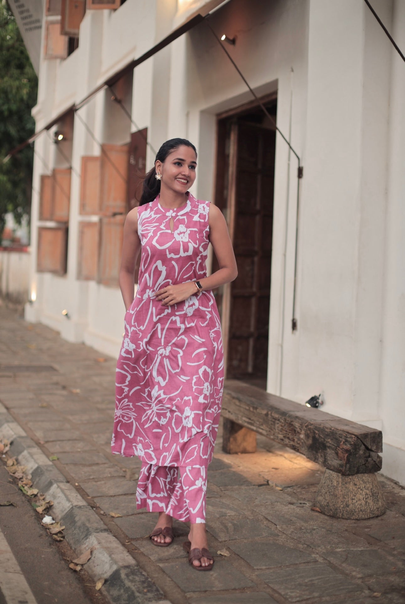 Onion Pink Floral Cotton Kurta Set