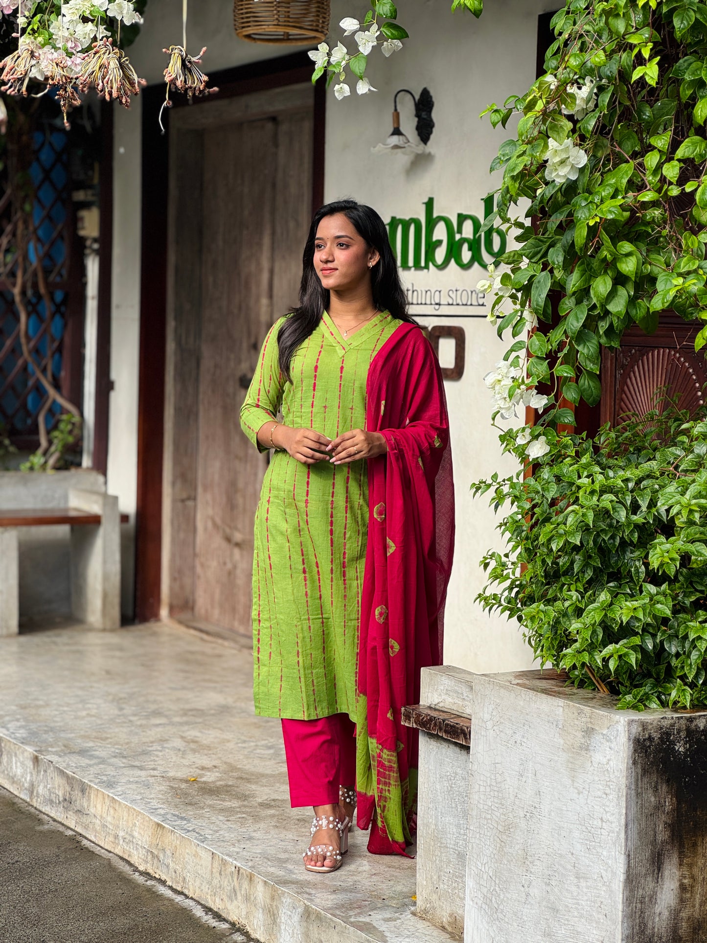 Green Shibori Kurta and Pant Set With Dupatta