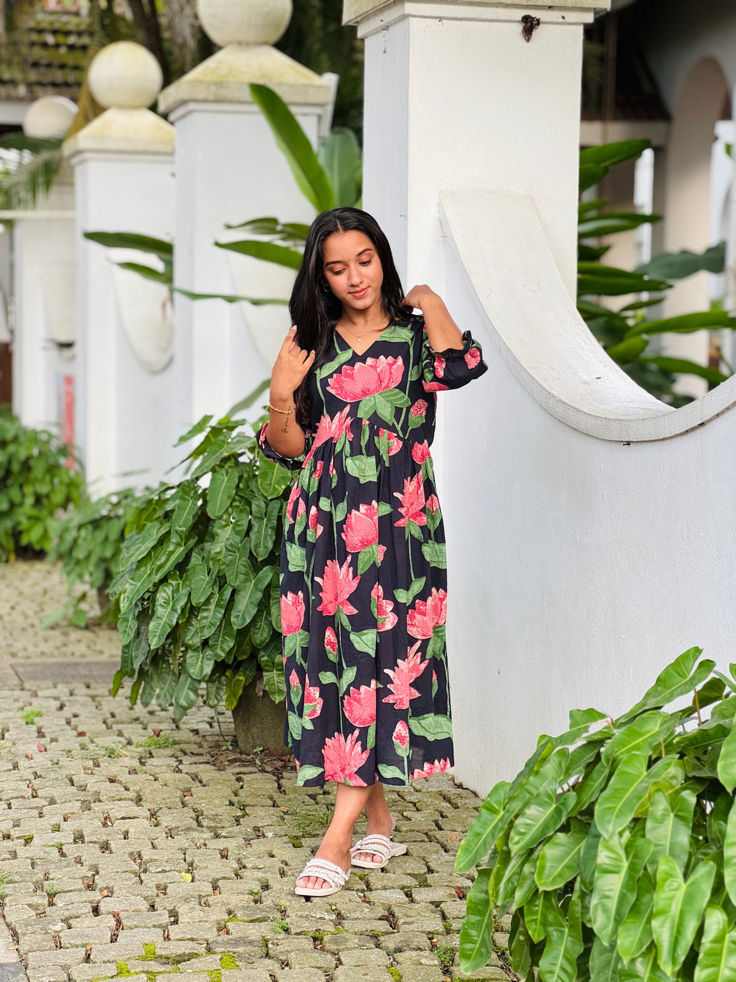 Dark Navy Blue With Lotus Printed Cotton Dress