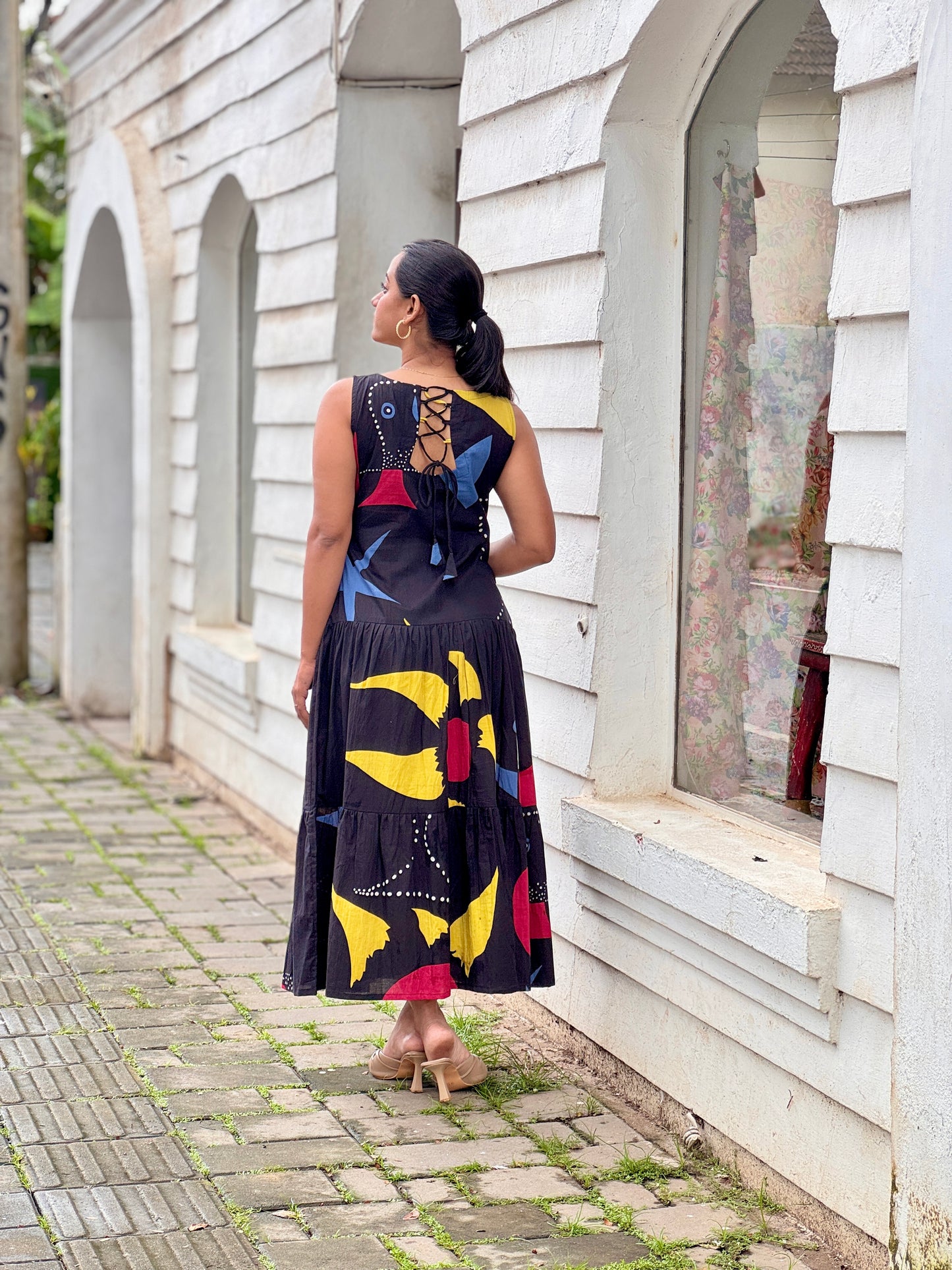 Black Cotton Muticolor Printed Tired Maxi Dress