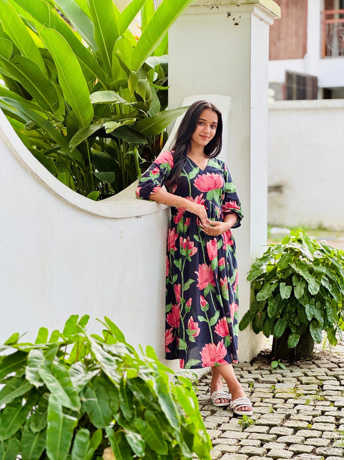 Dark Navy Blue With Lotus Printed Cotton Dress