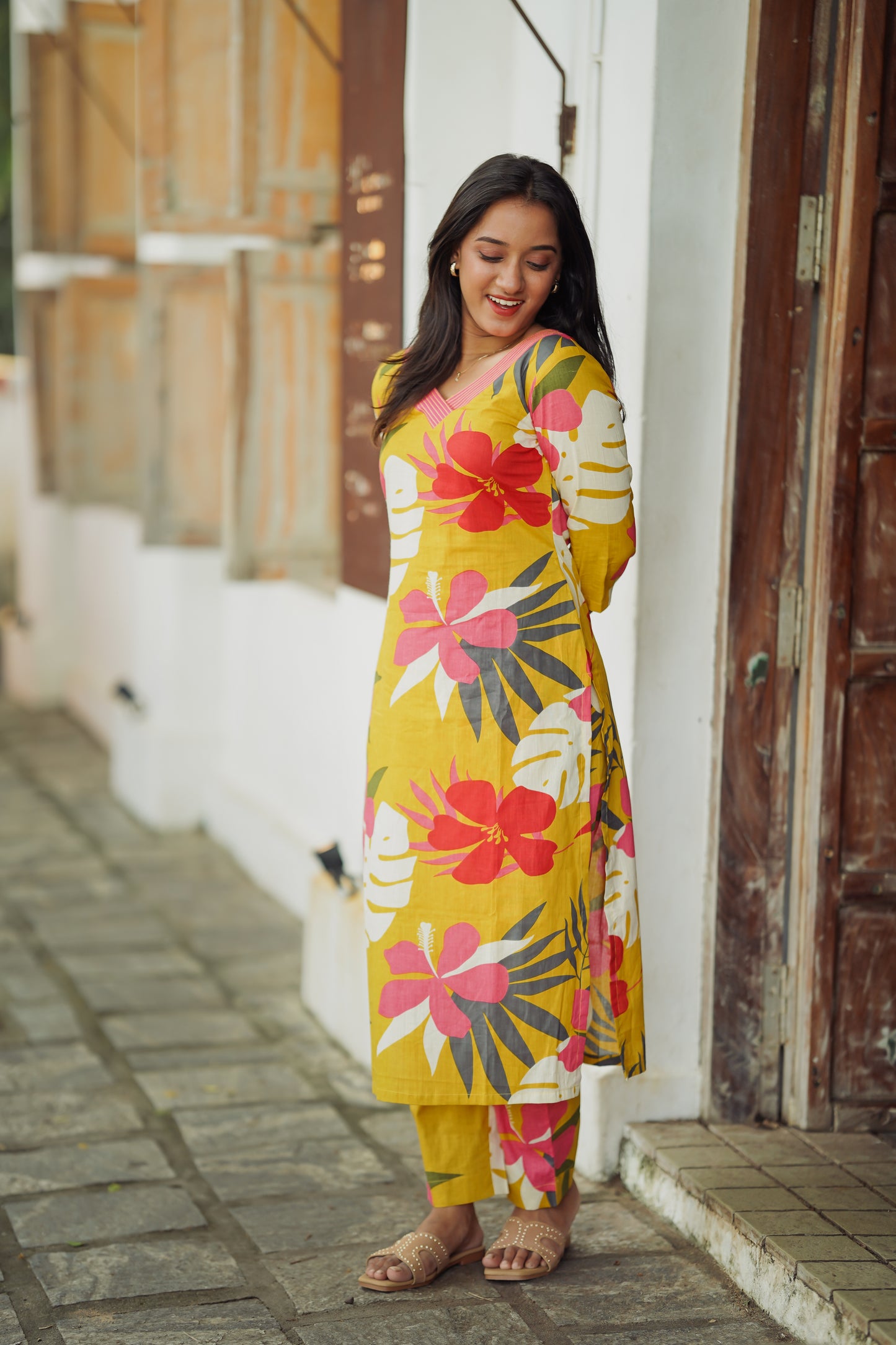 Mustard Yellow Floral Kurta and Pant Set