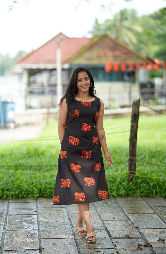 Black Elephant Print Cotton Dress