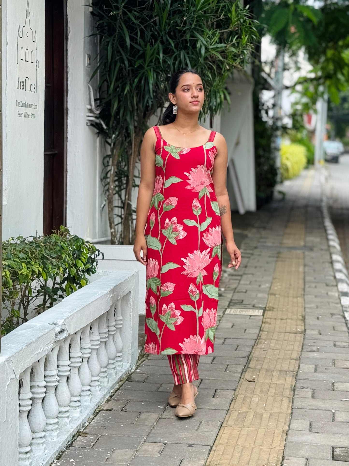 Crimson Lotus Printed Strap Kurta and Pant set