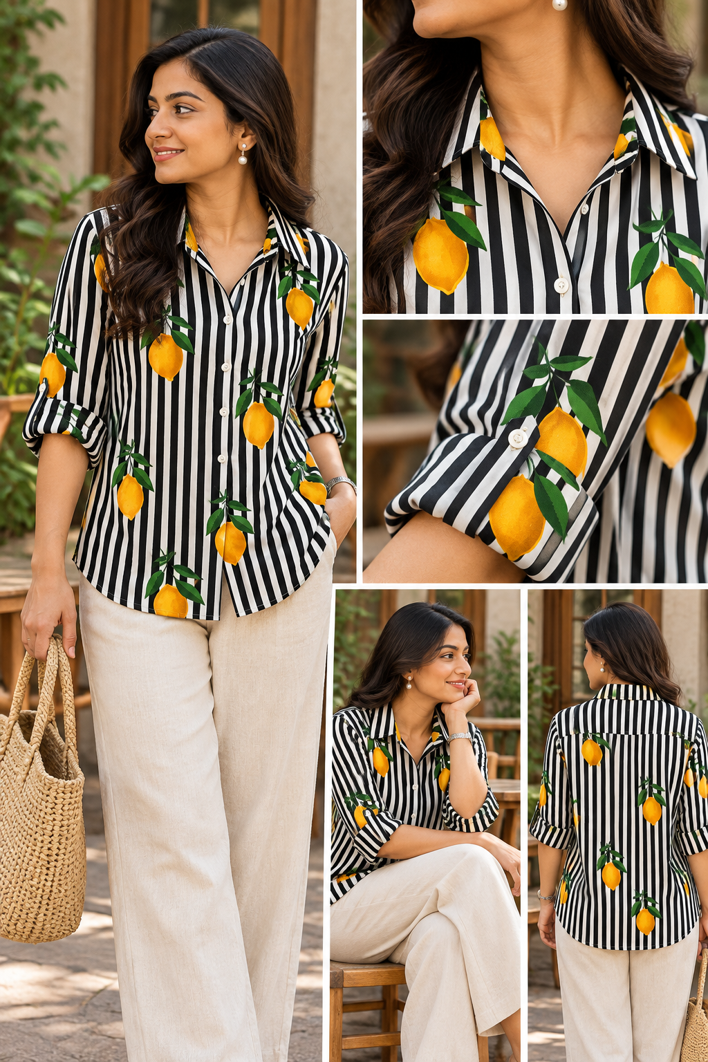 Black and Stripe with Lemon Printed Cotton Shirt