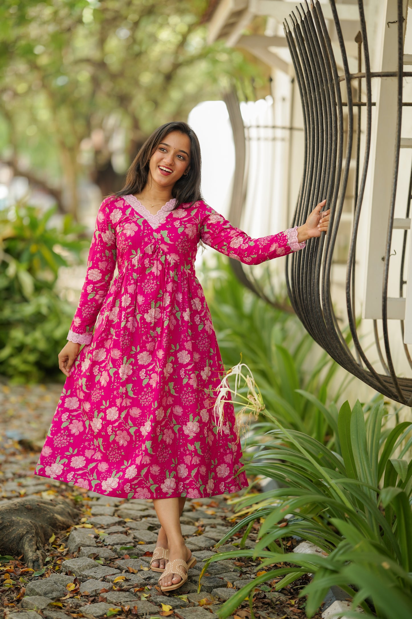 Pink Floral Alia Cut Cotton Dress