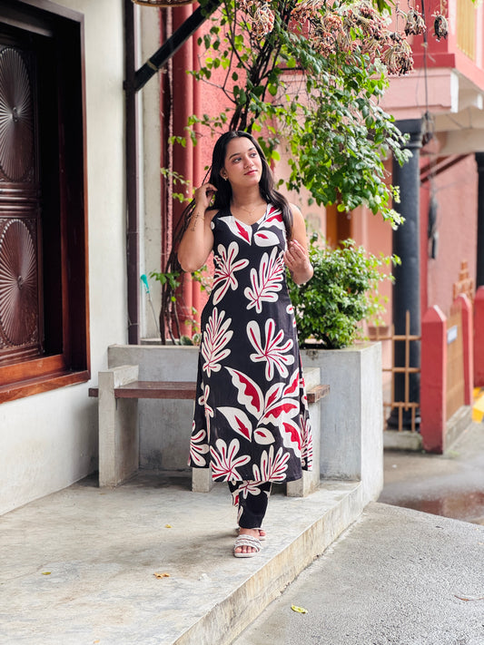 Black Floral Halter Neck Aline Kurta and Pant Set