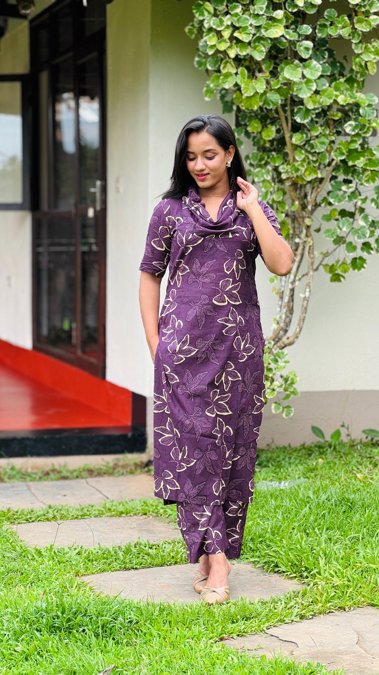 Purple Cotton Floral Printed Kurta and Pant Set