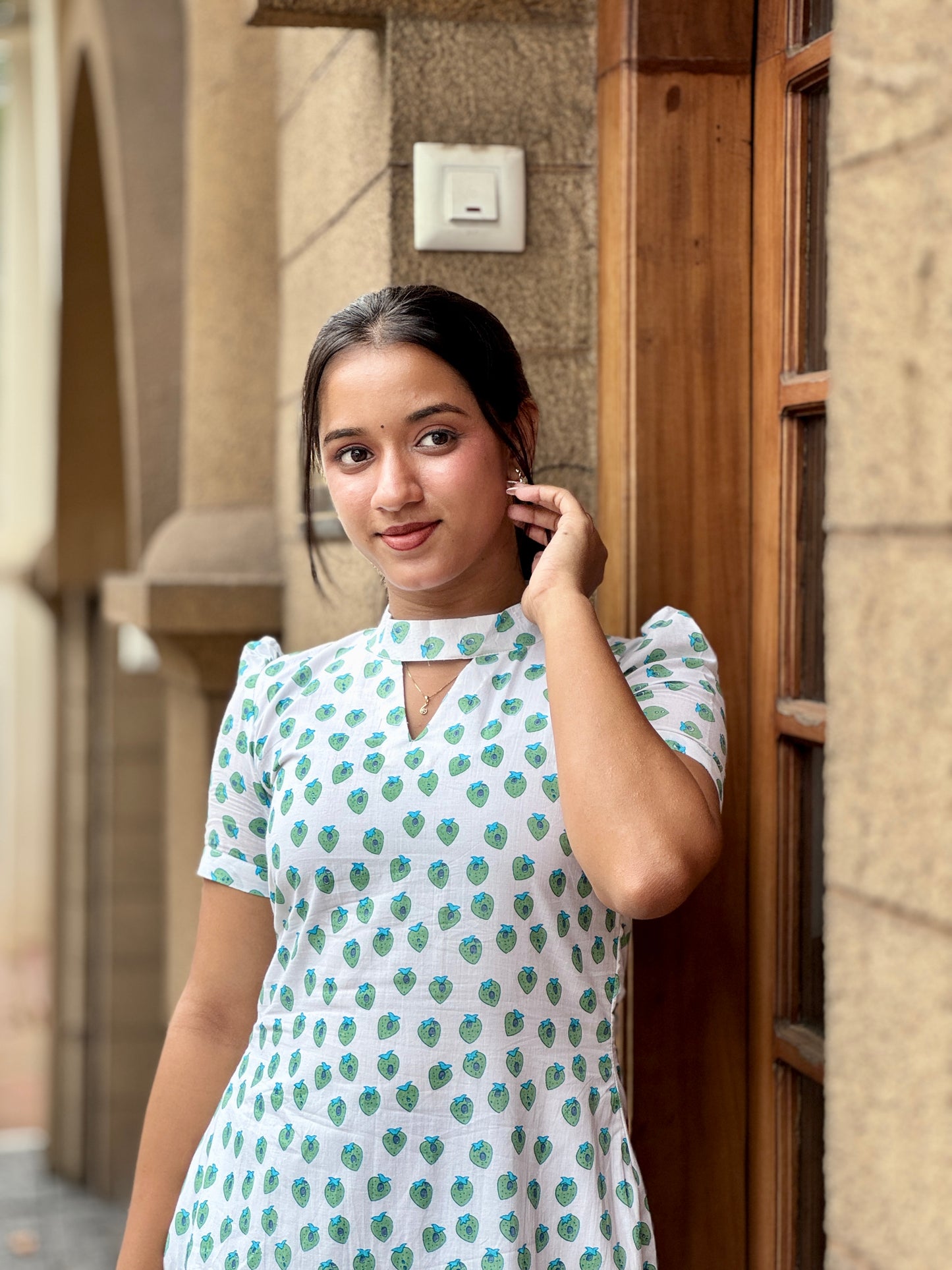White Quirky Printed Cotton Dress