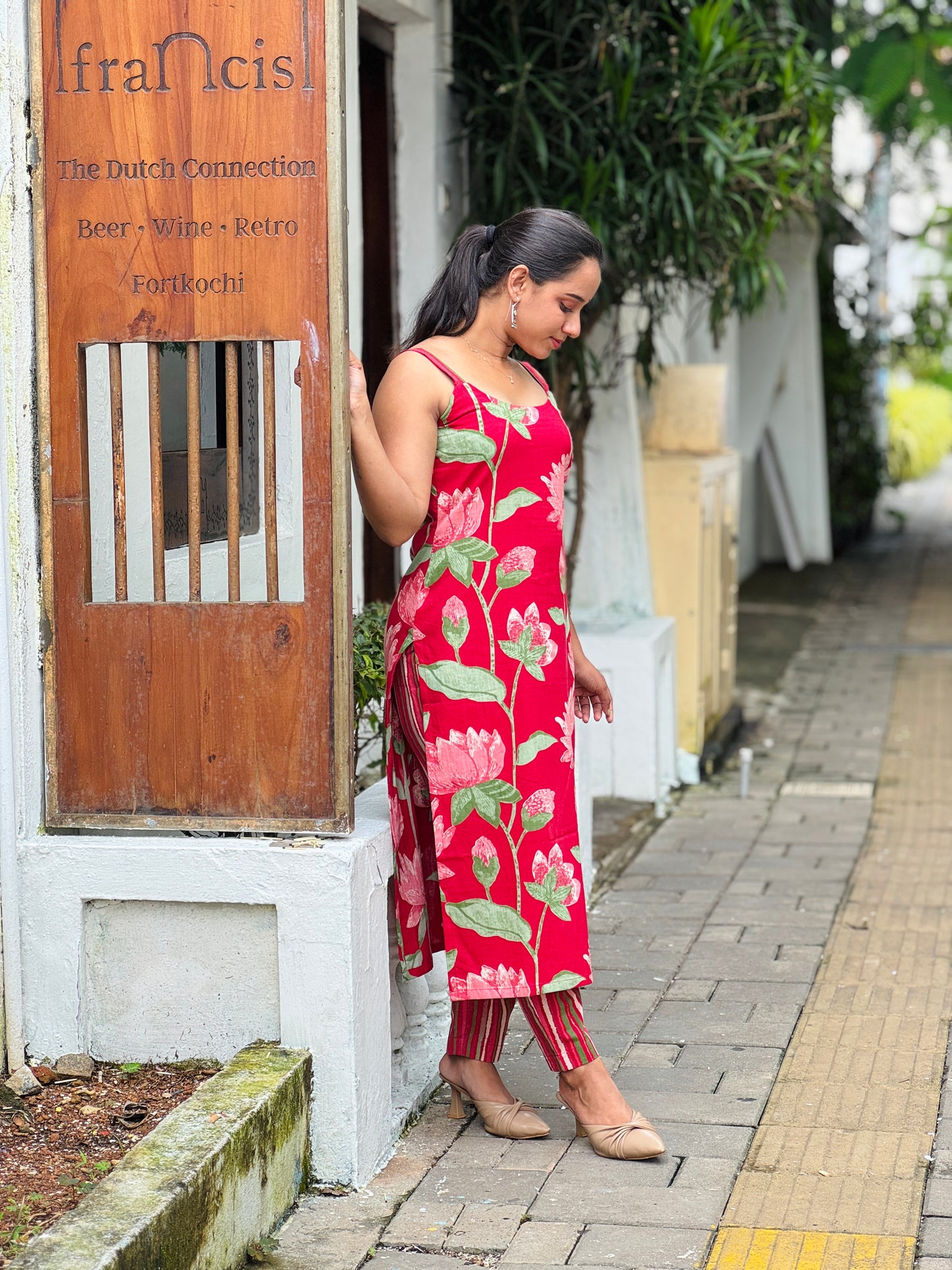 Crimson Lotus Printed Strap Kurta and Pant set