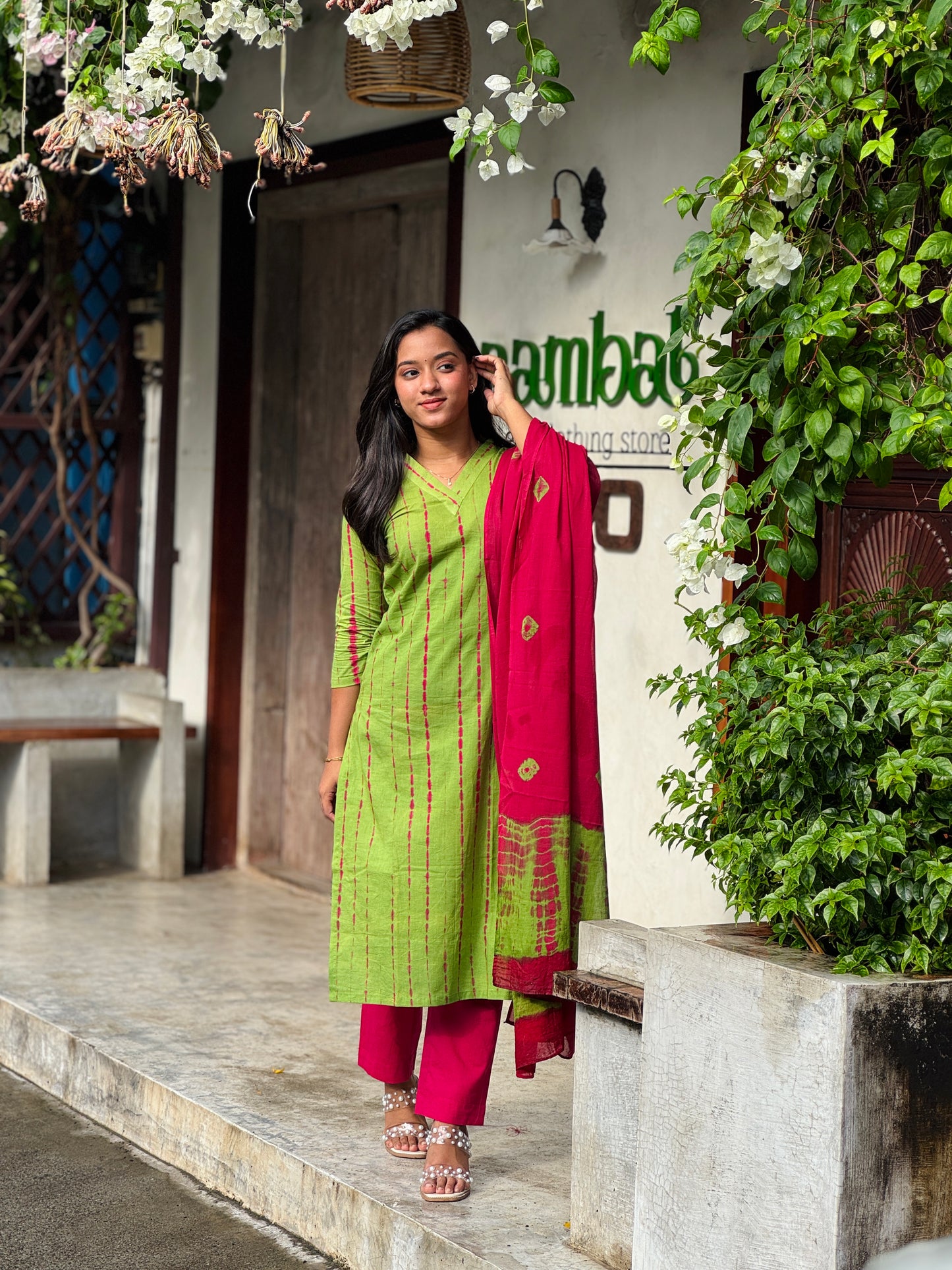 Green Shibori Kurta and Pant Set With Dupatta