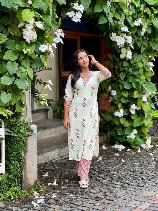 Cream Floral Kurta With Striped Pants