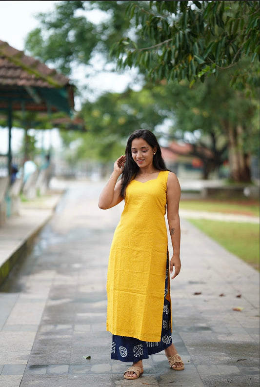 Yellow Kantha Cotton Kurta With Contrast Blue Printed Palazzo
