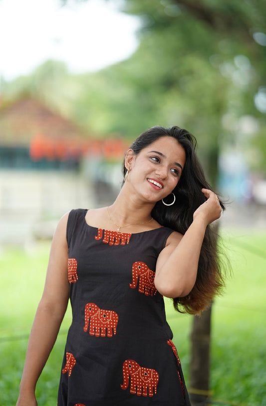 Black Elephant Print Cotton Dress