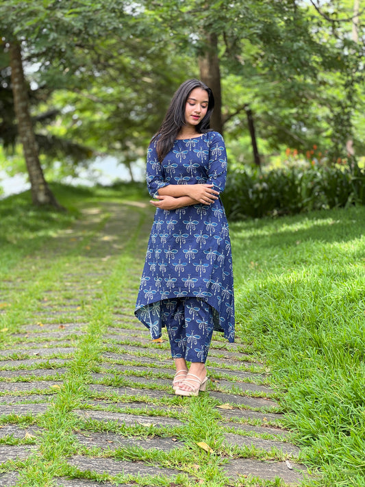 Blue Dragon Fly Printed Asymmetrical Kurta and Pant Set