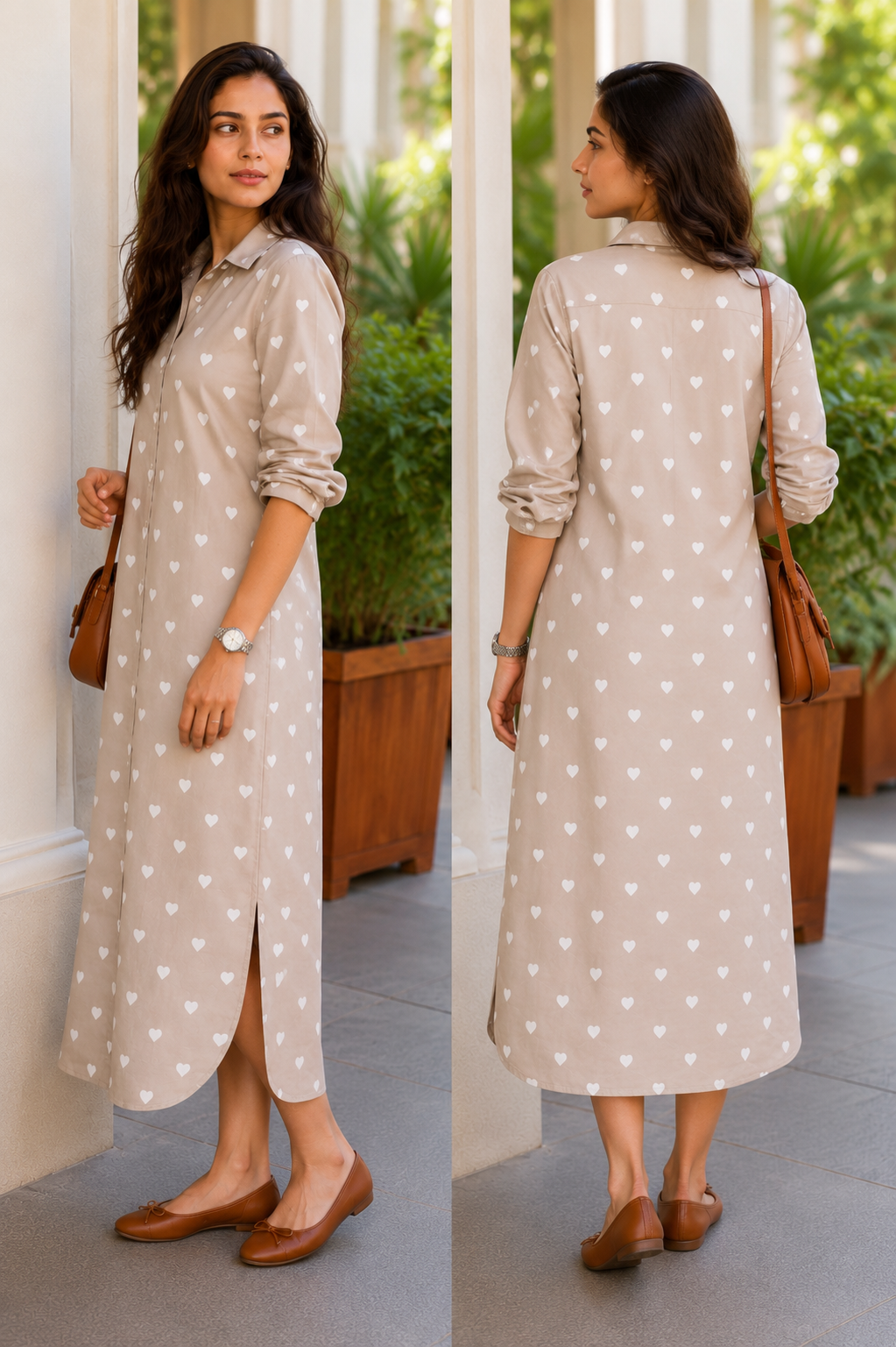 Beige Love - Cotton Heart Printed Shirt Dress