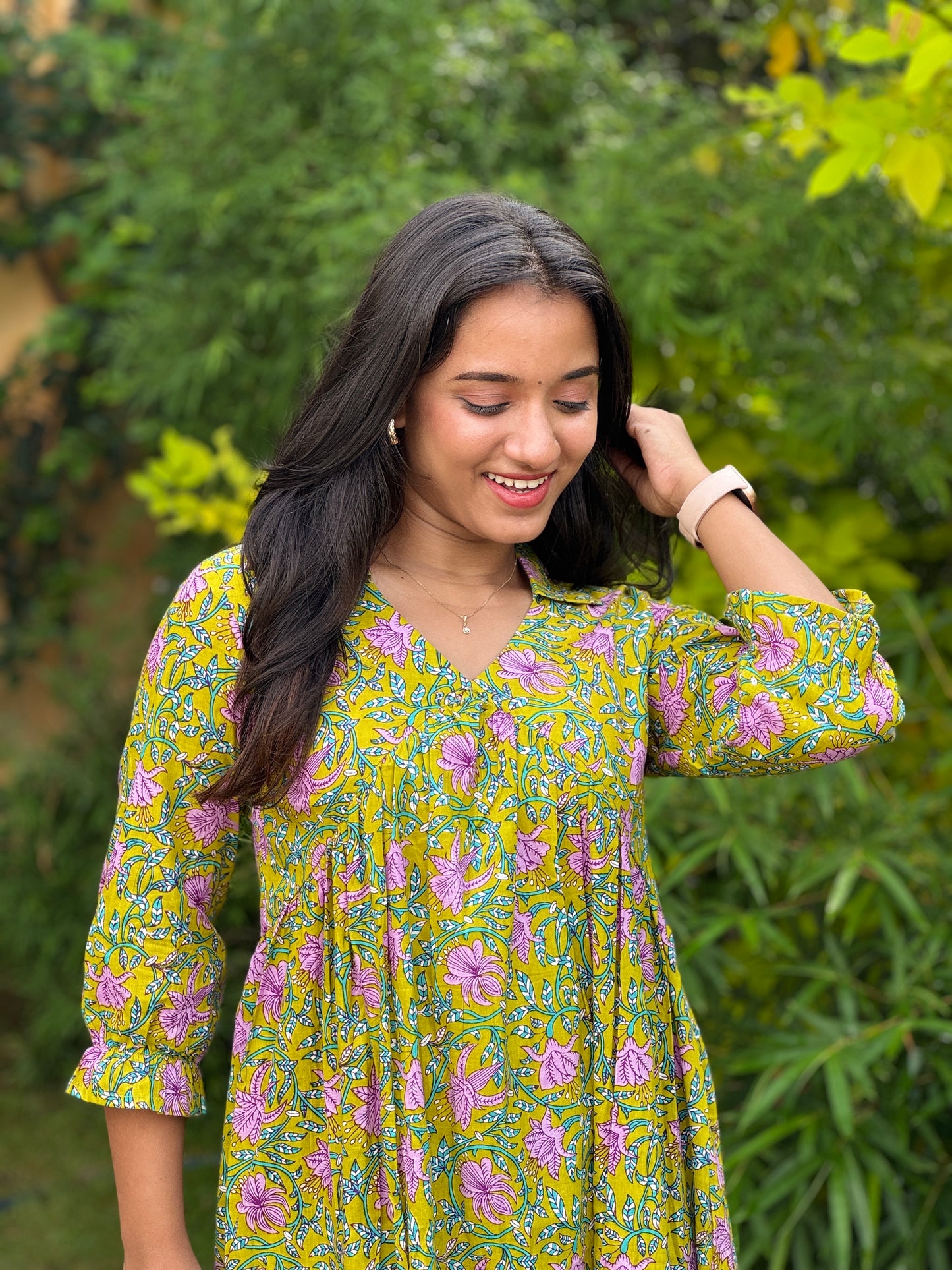 Light Green with Lavender Floral Alia Cut Cotton Dress/Kurta